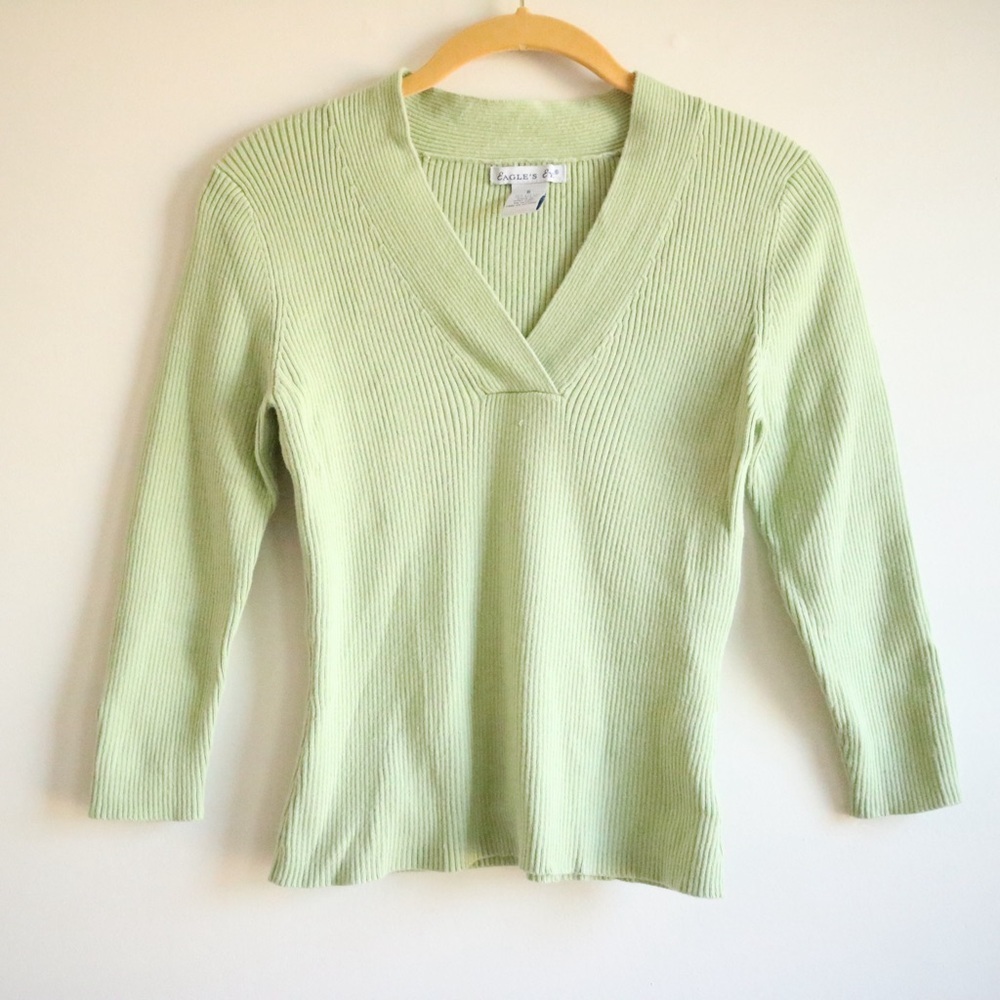 Pastel Green Ribbed V-Neck Sweater